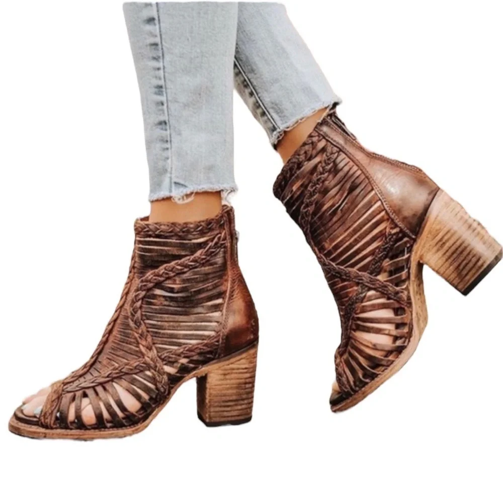 FREEBIRD by Stephen Leather Huarache Bela Open Toe Booties in Brown Size 7